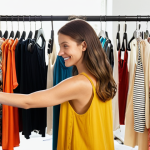 **

Prompt: "Woman happily browsing a rack of diverse clothing options in a brightly lit rental boutique, showcasing various styles and colors. Focus on her confident expression and the abundance of choices. Sustainable fashion concept, clothing rental."

**